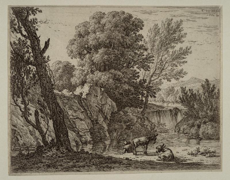 A Man and Two Donkeys by a Stream