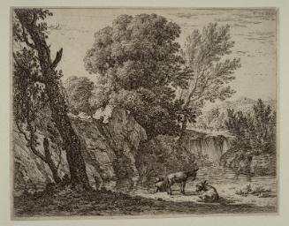 A Man and Two Donkeys by a Stream