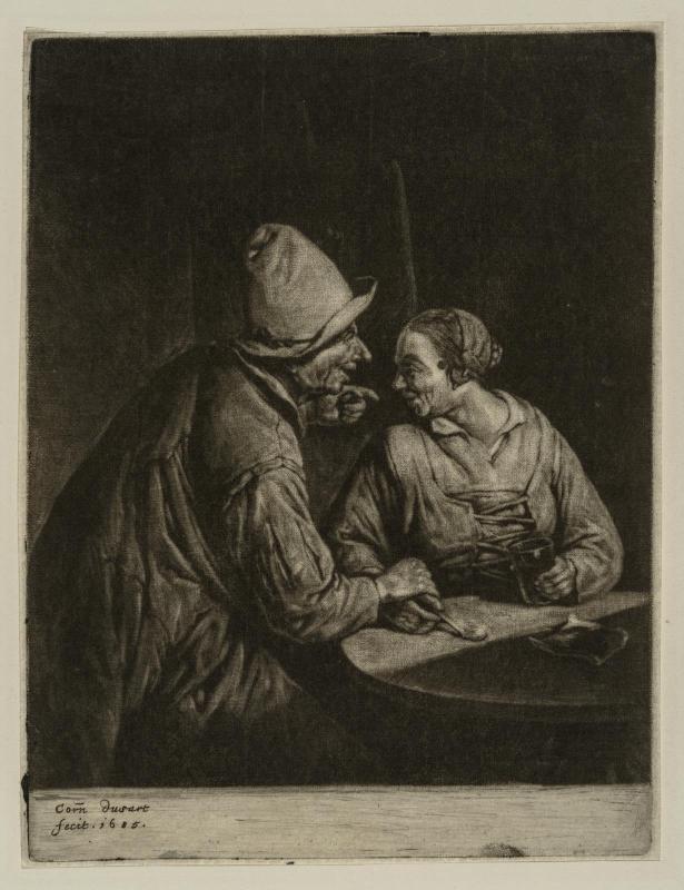 Peasant man and woman sitting at a round table