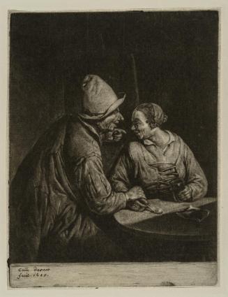 Peasant man and woman sitting at a round table