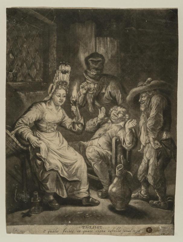 Woman with candle in her hand, and three men