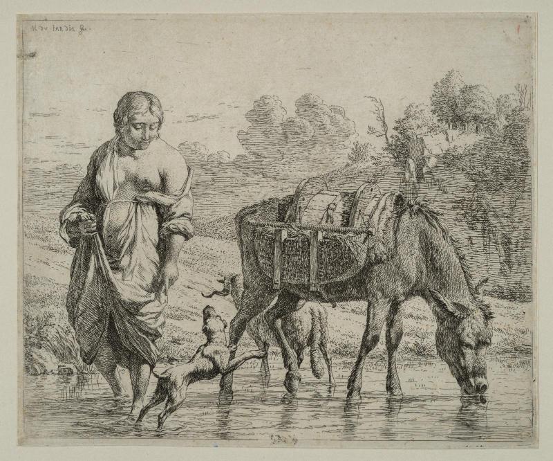 A Peasant Woman with a Donkey in a Stream