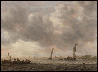 Two Long Boats and Two Sailing Boats in Choppy Waters in an Estuary