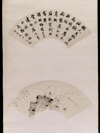 Two mounted fans, orchids and calligraphy