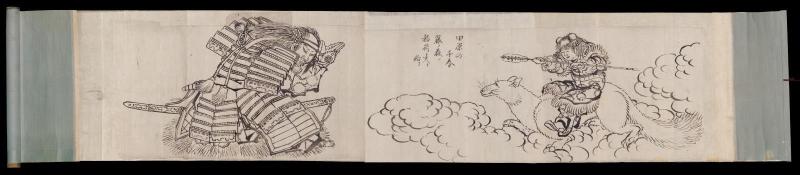 Two drawings mounted as a handscroll: divine boy riding a fox, warrior praying