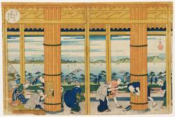 Shelter from the Rain at Tenpôzan by the Aji River in Osaka (Ôsaka Ajikawa Tenpôzan amayadori), from the series Fine Views of Tenpôzan, a Famous Place in Nainwa (Naniwa meisho Tenpôzan shôkei ichiran)