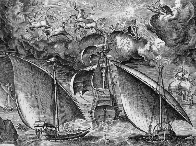 Two Galleys Sailing Behind an Armed Three-Master, with Phaeton and Jupiter in the Sky
