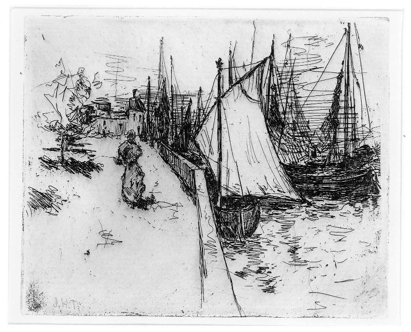 Sailing vessels anchored by a bridge