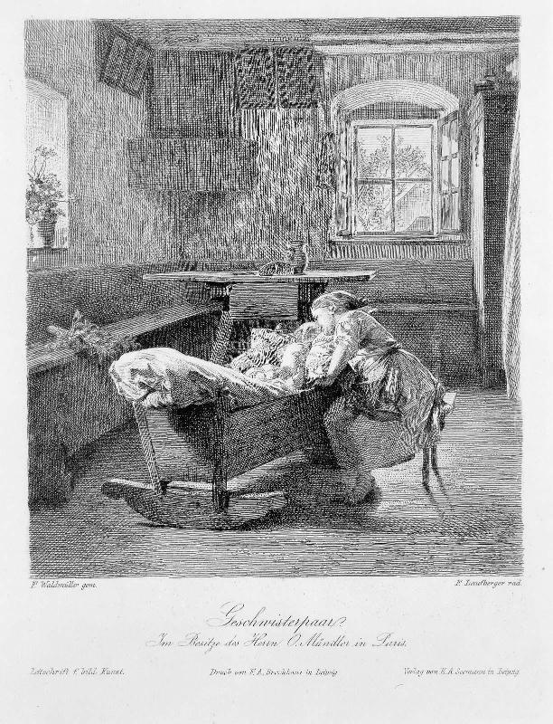 "Geschwisterpaar"  Little girl seated beside cradle in peasant room