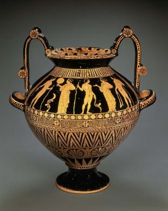 Two-handled vessel (nestoris) depicting athletes in conversation with girls