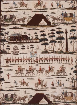 Printed cotton and linen piece:  Lord Charlemont at the Provincial Review in Phoenix Park, Dublin, June 3, 1782 (The Volunteer Furniture)