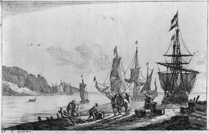 Coast scene, man handling merchandise