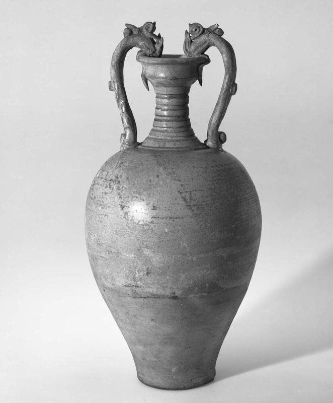 Amphora-shaped bottle with two dragon handles decorated with light green glaze