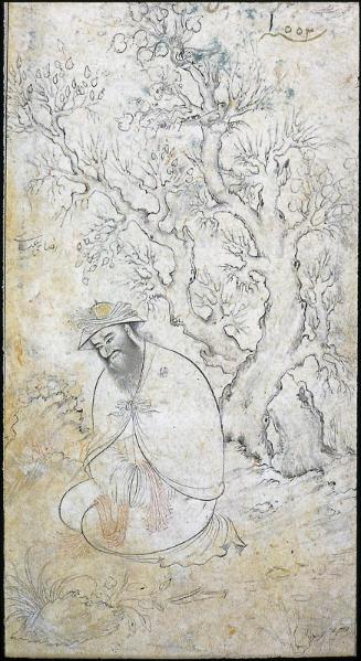 Page with calligraphy and drawing of man seated under tree