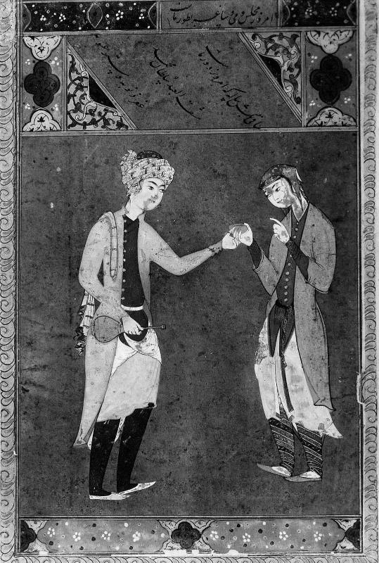 Miniature, youth offering wine to a girl