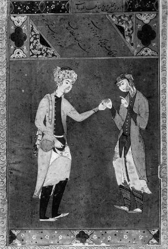 Miniature, youth offering wine to a girl