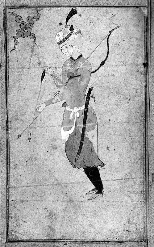 Youth with a bow and arrow: wearing a blue Jama°