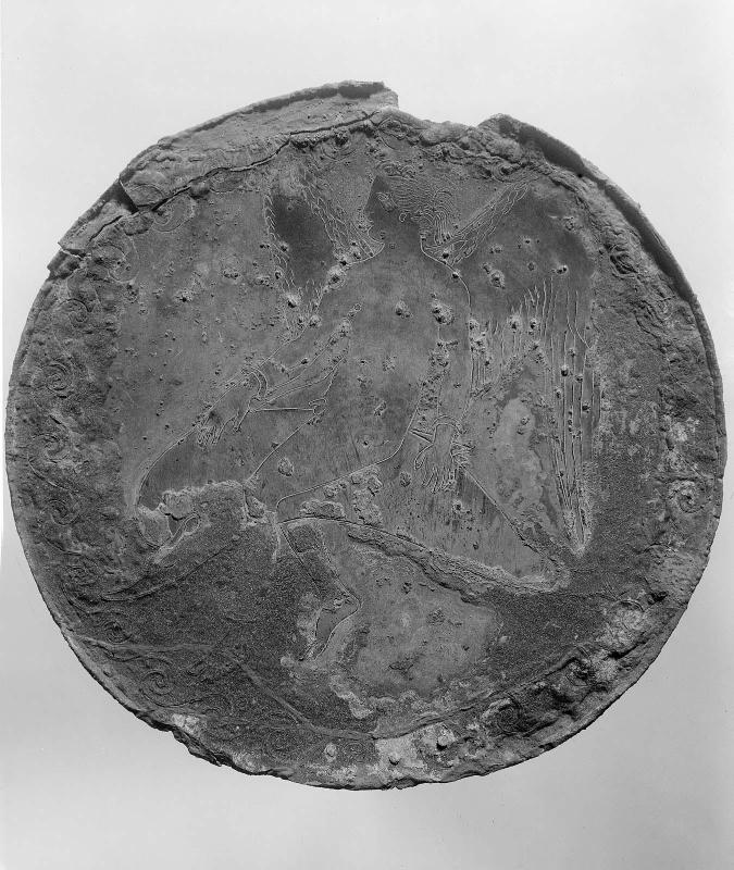 Interior of mirror cover with Eros riding a dolphin