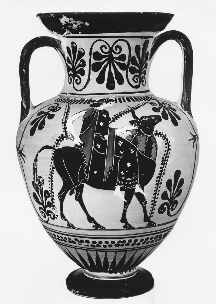 Two-handled jar (amphora) depicting a woman seated on a bull