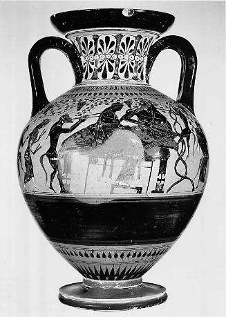 Two-handled storage jar (amphora) with satyrs treading grapes