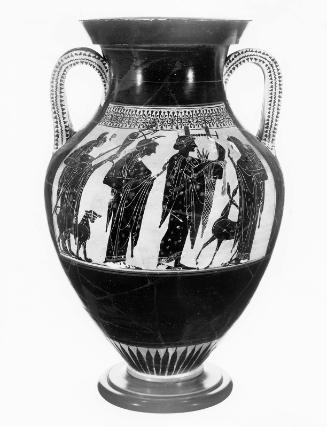 Two-handled jar (amphora) depicting a wedding procession with Apollo, Artemis, and Hermes