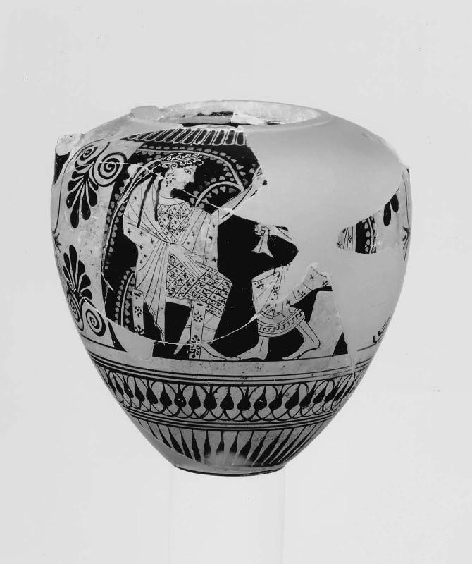 Two-handled jar (amphora) depicting Dionysos seated with a satyr and Dionysos with a woman (Ariadne?)