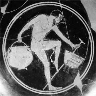 Drinking cup (kylix) depicting a man holding a basket, a pot and a staff