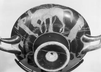 Drinking cup (kylix) depicting a man holding a basket, a pot and a staff