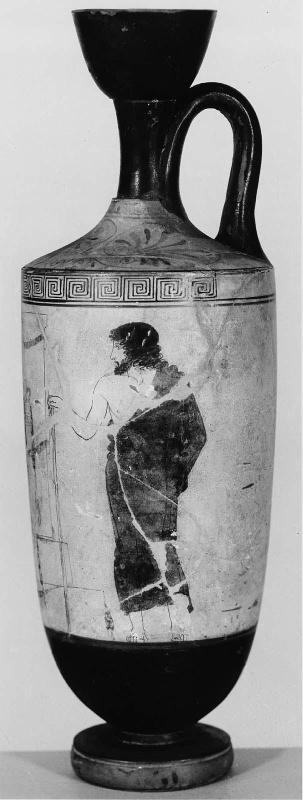 Oil flask (lekythos) with a man and a woman holding a funerary basket at a grave