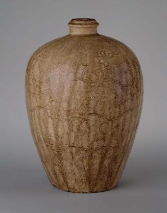 Flask in the shape of Chinese meiping with impressed decoration of chrysanthemum scrolls