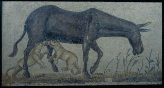 Mosaic with a donkey nursing lion cubs