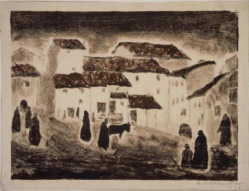 A HIll Town, with silhouettes of figures and donkey