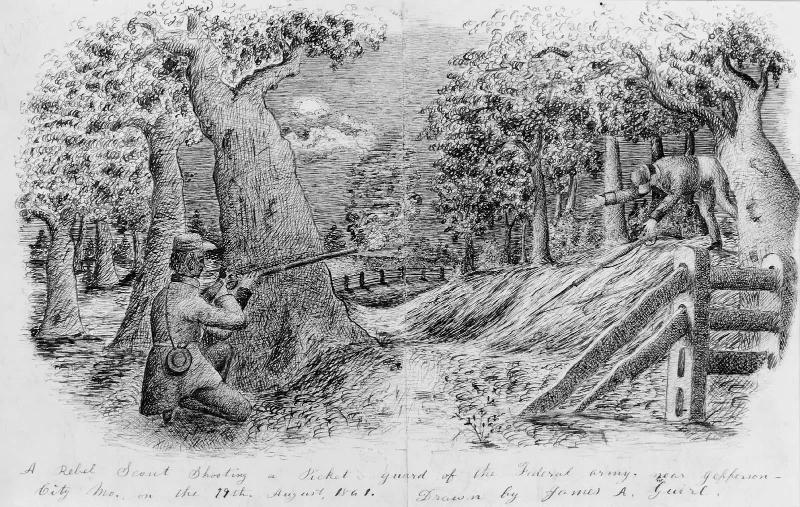 A Rebel scout shooting a picket guard of the Federal Army near Jefferson City MO. on the 19th, August, 1861