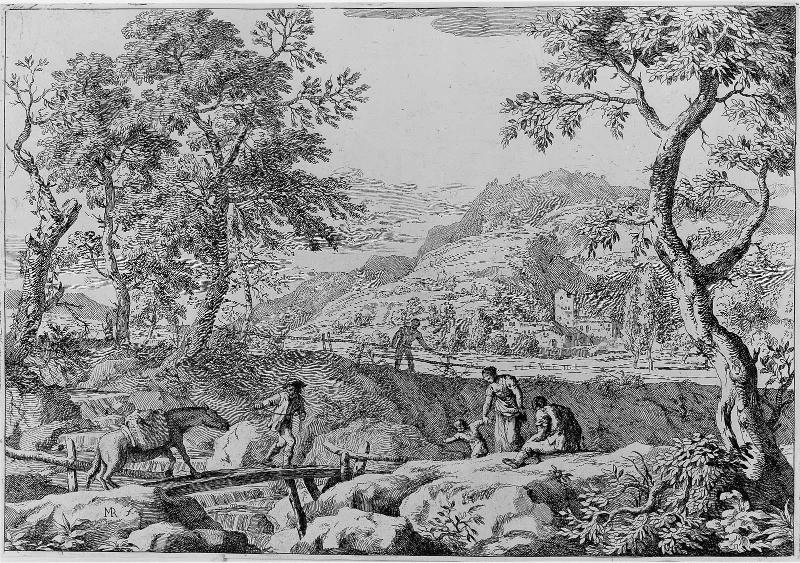 Landscape with a Man Leading a Horse Across a Bridge