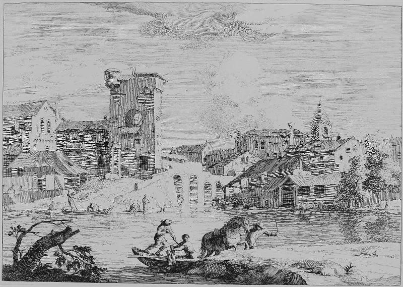 A Village with Boatmen on a River