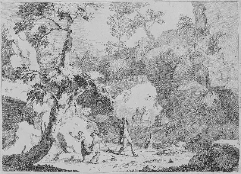 Landscape with a Natural Arch and Peasants Stoning a Snake