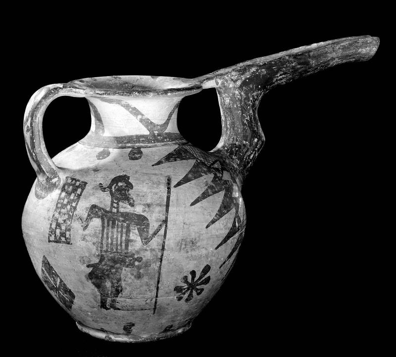 Beak-spouted vessel with a warrior and a lion