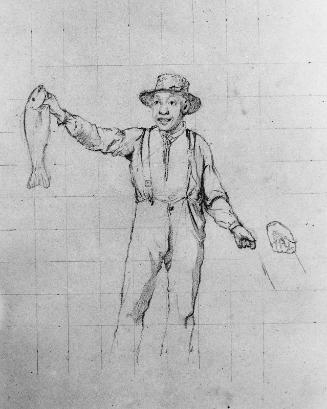 Study for "What a Catch": Man Standing Holding a Fish, with Subsidiary Study of Left Hand