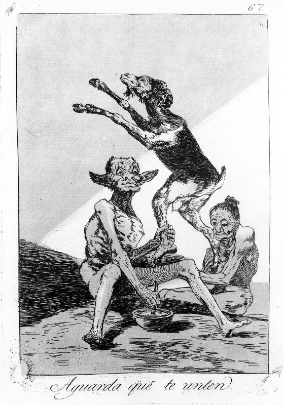 Aguarda que te unten. (Wait till you've been anointed); Plate 67 bound into "Los Caprichos"