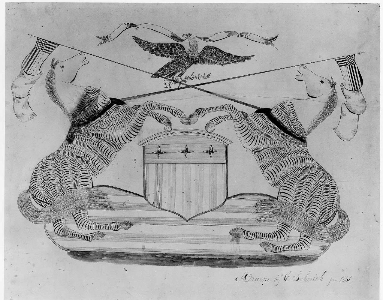 Armorial design with horses and shield