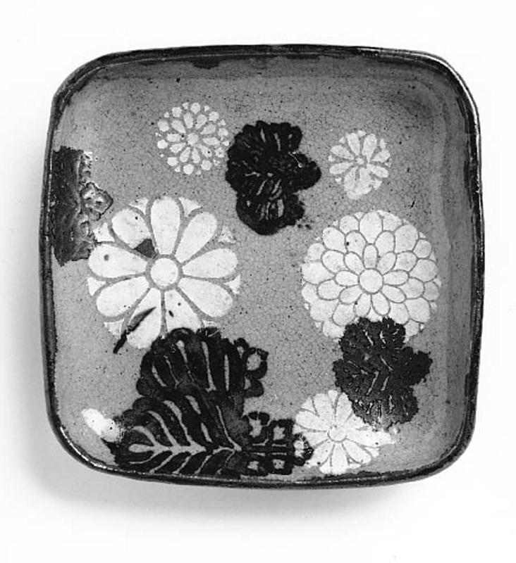 Square Dish with Stencilled Design of Chrysanthemums and Paulownia