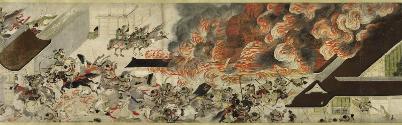 Fire in main building of Palace; Warriors rushing through gates and overtaking fleeing victims