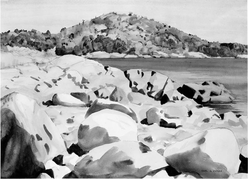 A rocky beach. A hill with bright foliage beyond.