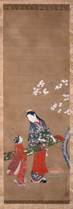 Washing and Stretching Silk Beneath the Cherry Blossoms