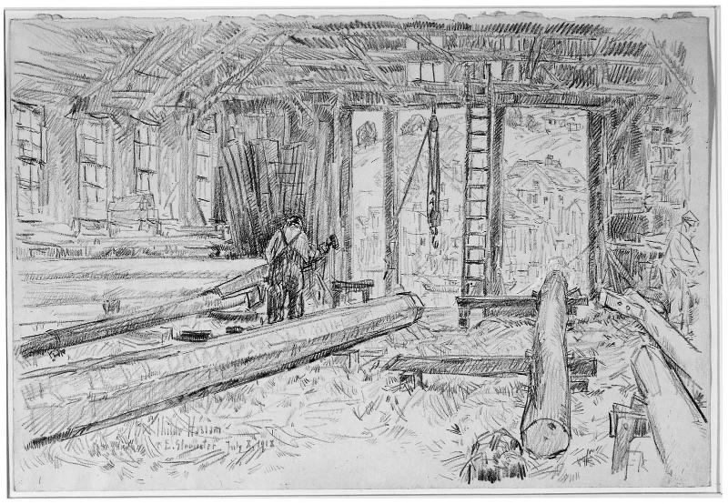 Shipyard Interior with Two Men at Work