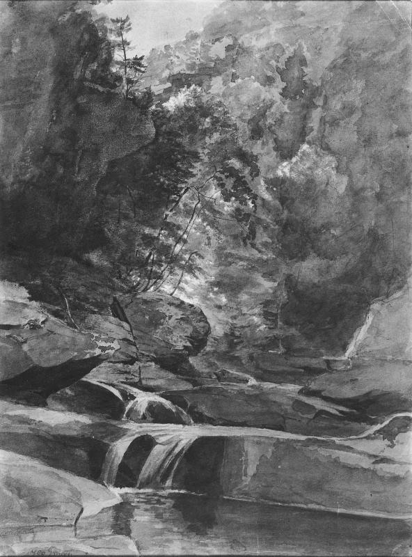 Waterfall in the Woods; verso: Sketch of Rocks and Trees