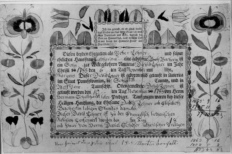 Birth and Baptism Certificate of David Zehner