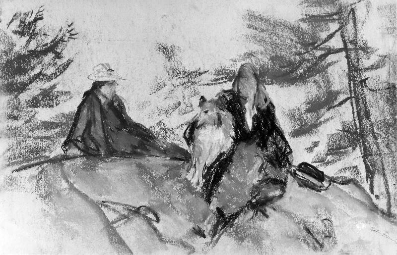 Figures in Landscape with Collie Dog