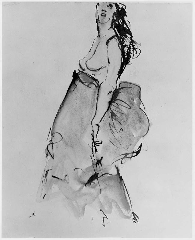 Nude Model with Blue and Red Skirt