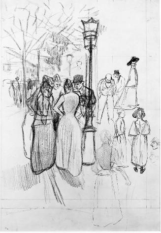 Girls and Procurer on Street Corner; verso: Sketches of Figures, Horses and a Tree